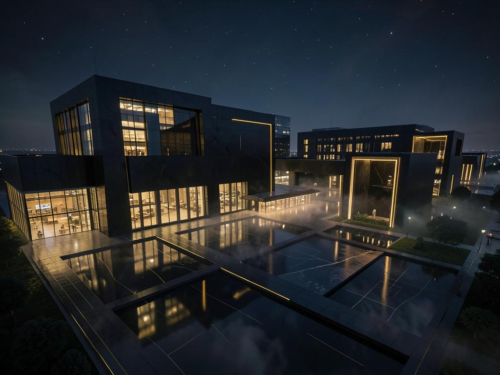 Gold-lit Monstrum Global innovation campus at night